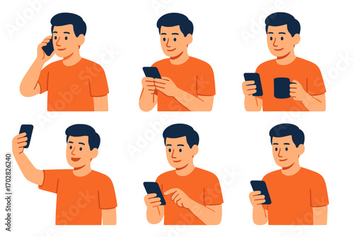 People silhouette icons set. featuring calling, texting, drinking coffee, selfie, and browsing symbols