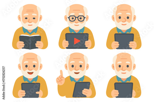 Elderly lifestyle flat icon set. featuring reading, glasses, tablet, video, smiling, and pointing symbols