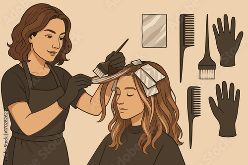 Hair Highlights Tools. Horizontal artwork with hairstylist applying highlights and coloring tools icon set for foil, combs, tint