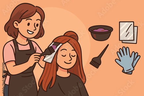 Hair Coloring Cartoon. Cartoon-style banner depicting stylist coloring hair and hair dye icon set for bowls, brushes, gloves and