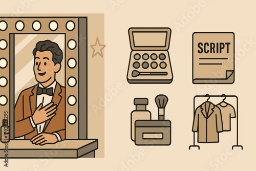 Dressing Room Essentials. Horizontal vector banner showing actor in dressing room and backstage icon set for mirror lights, makeup