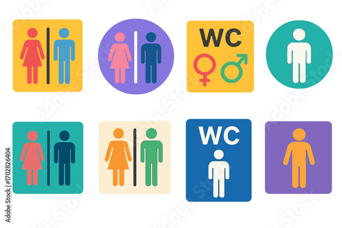 Bathroom and wc flat icon set. gender symbols, male, female, restroom signs, unisex, accessible, toilet icons