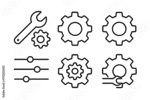 Mechanical tools silhouette icon set. featuring wrench, gear, settings, and adjustment symbols