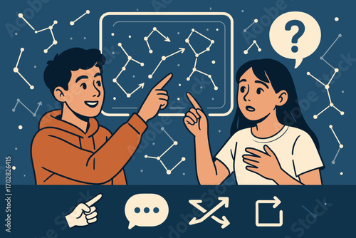 Teens Exploring Constellations. Modern banner depicting teens comparing constellations and sharing icon set for sky map, pointing