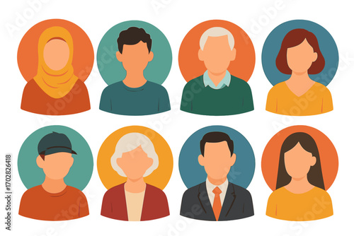 Flat icon set of diverse people. featuring male, female, elderly, young, professional, casual, hijab, and diverse icons