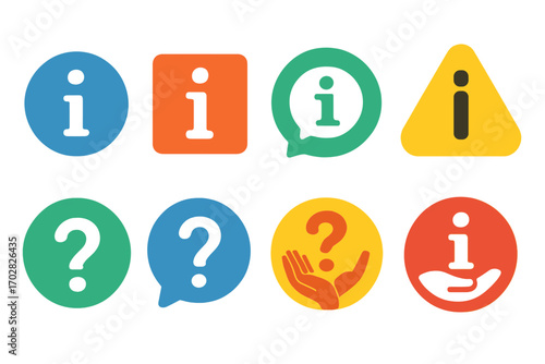 Colorful linear icon set. featuring info, question, help, warning, support, and guide symbols