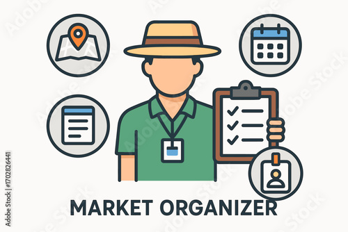 Market Organizer Essentials. Clean vector illustration of market organizer with clipboard and vendor icon set for map, register