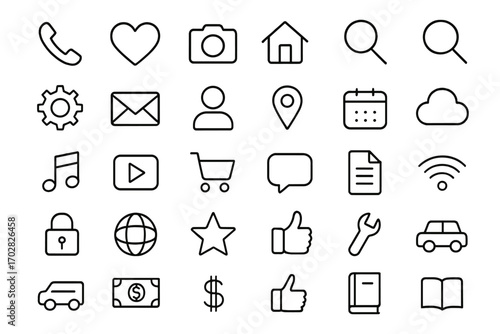 Everyday essentials linear icon set. featuring phone, heart, camera, home, search, email, profile, location, and more symbols