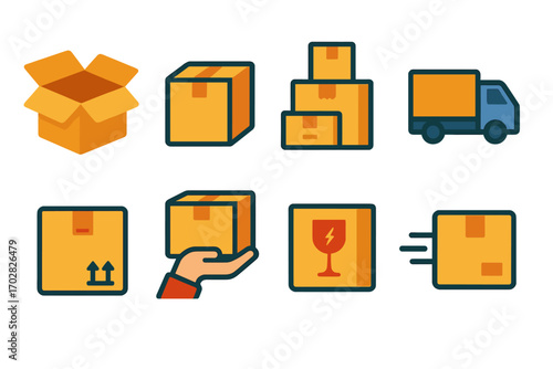 Shipping and delivery flat icon set. featuring box, package, truck, fragile, fast delivery, and handling symbols