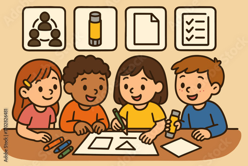 Teamwork Project Scene. Cartoon-style banner depicting kids doing group project and collaboration icon set for teamwork symbol,