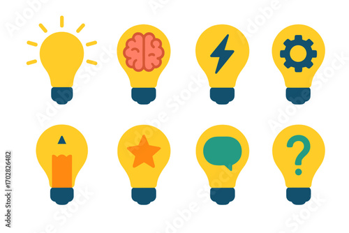 Creative ideas silhouette icon set. featuring light bulb, brain, lightning, gear, pencil, star, speech bubble, question mark