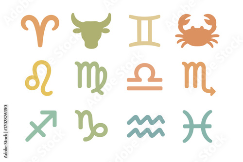 Zodiac signs flat icon set. featuring aries, taurus, gemini, cancer, leo, virgo, libra, scorpio, sagittarius, capricorn, aquarius, pisces symbols