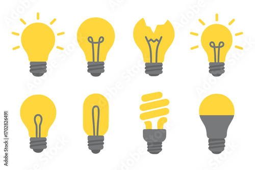 Lighting silhouette icon set. featuring led, incandescent, broken, fluorescent, and glowing bulb symbols