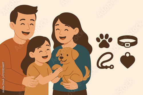 Happy Family Adopts Puppy. Horizontal vector banner showing happy family adopting puppy and pet adoption icon set for paw print,
