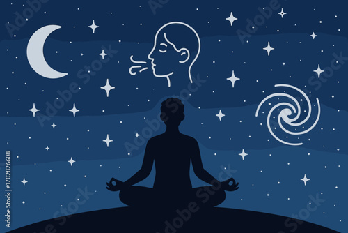 Meditation Under Starry Sky. Horizontal artwork with person meditating under starry sky and cosmic calm icon set for moon icon,