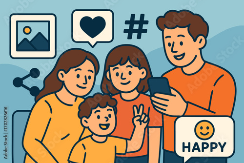 Family Social Media Update. Illustrated banner of family updating social media and share icon set for photo frame, like button,