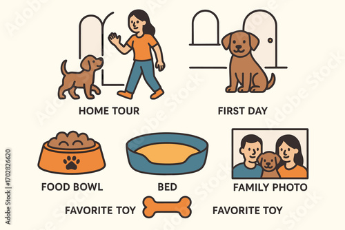 New Pet Homecoming. Clean vector illustration of new pet getting home tour and first day icon set for food bowl, bed, favorite toy