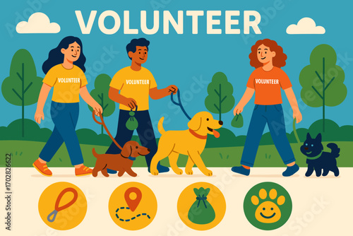 Pet Volunteering Icon Set. Bright banner portraying volunteers walking pets and activity icon set for leash, walk route, dog poop