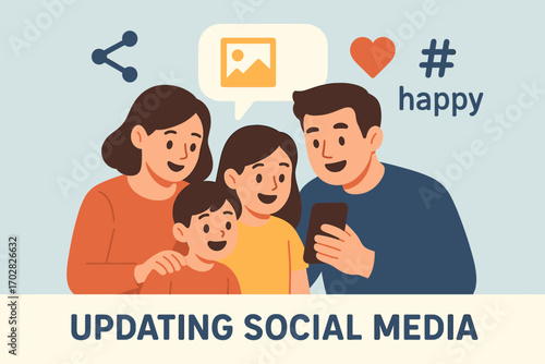 Family Social Media Update. Illustrated banner of family updating social media and share icon set for photo frame, like button,