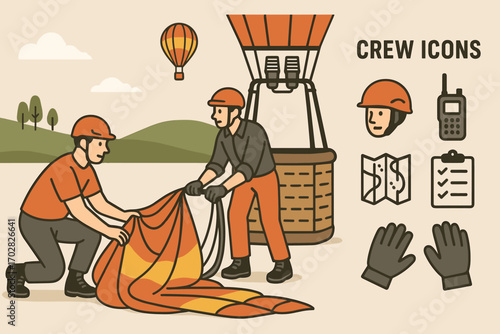 Balloon Pilots Gear Preparation. Wide vector layout with balloon pilots preparing gear and crew icon set for helmet, radio, map,