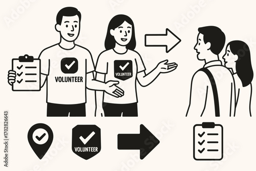 Volunteer Guide Icons. Clean vector illustration of volunteers guiding visitors and organization icon set for map sign, shirt