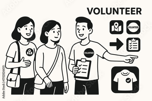 Volunteer Guide Icons. Clean vector illustration of volunteers guiding visitors and organization icon set for map sign, shirt