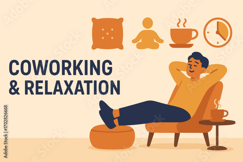 Relaxing Coworking Lounge. Flat vector banner with coworking member relaxing in lounge and wellness icon set for cushion, calm