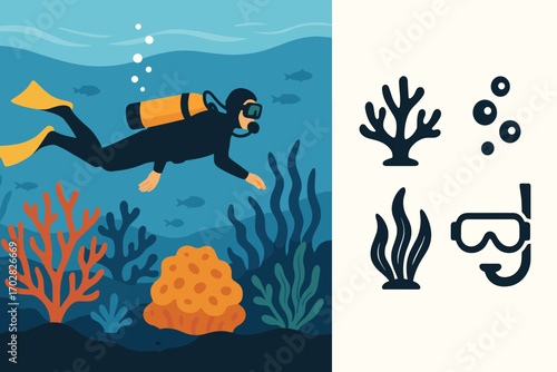 Underwater Exploration. Horizontal vector banner showing diver exploring coral reef and underwater icon set for coral, bubbles,