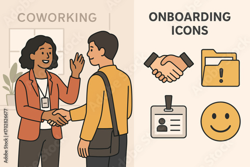 Manager Greeting New Member. Scene with coworking manager greeting new member and onboarding icon set for handshake, welcome