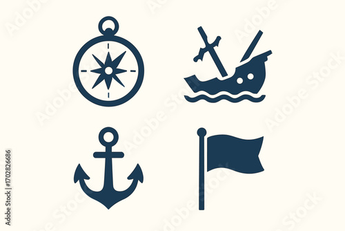 Shipwreck Icon Set. Clean vector illustration of shipwreck discovery and history icon set for compass, broken mast, anchor and