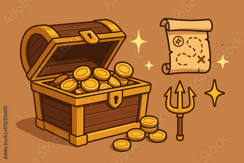 Treasure Chest Adventure. Scene illustration showing treasure chest opening and adventure icon set for gold coins, scroll map,