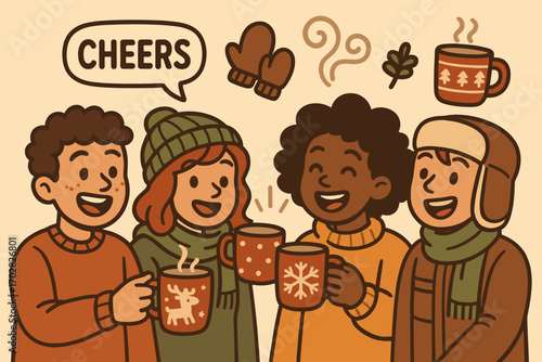 Holiday Toasting Friends. Cartoon-style banner depicting friends toasting with holiday mugs and cozy icon set for cheers emoji,