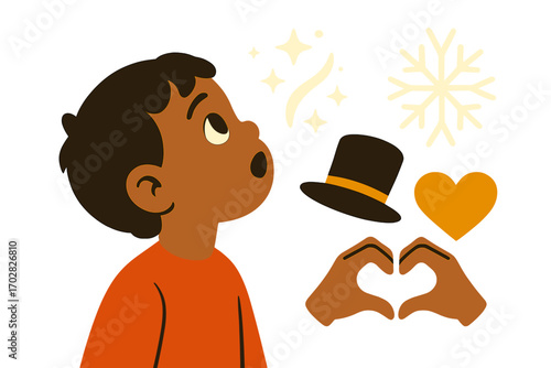 Magical Child's Wonder. Stylized flat vector of child looking up in awe and magical moment icon set for spark trail, flake, hat