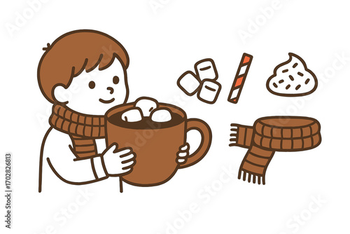 Cozy Cocoa Delight. Minimalist vector strip with child holding oversized cocoa cup and holiday treat icon set for marshmallows,