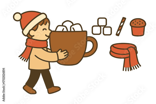 Cozy Cocoa Delight. Minimalist vector strip with child holding oversized cocoa cup and holiday treat icon set for marshmallows,