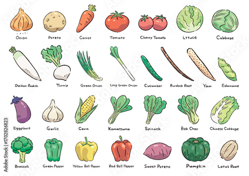 手描きの野菜のセット_名称入(英語)