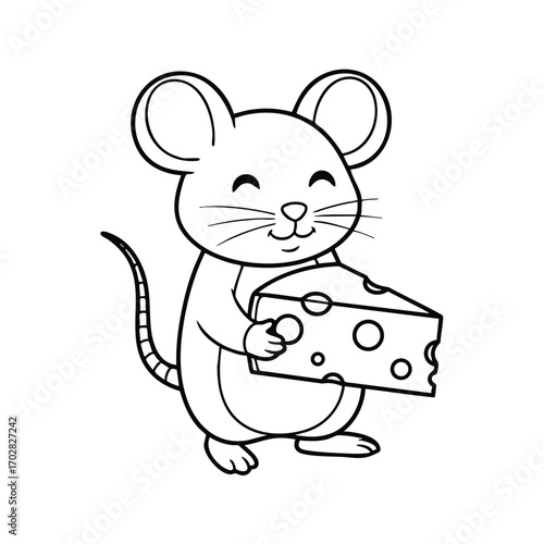 Cute cartoon mouse happily holding a large piece of cheese with holes in a simple black and white line art style