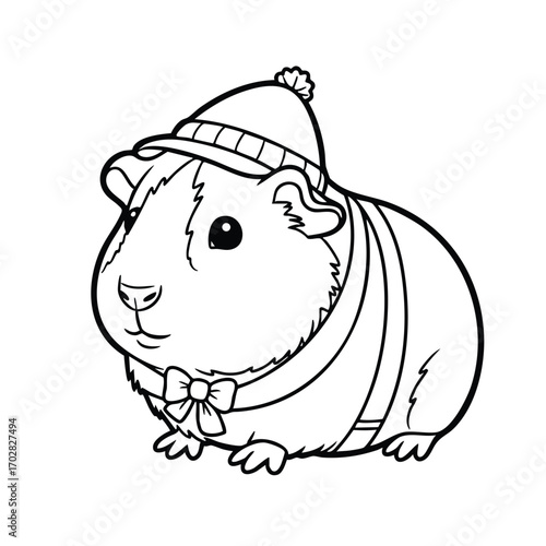 Cute cartoon pig wearing a winter hat and bow tie with suspenders in a black and white line art style