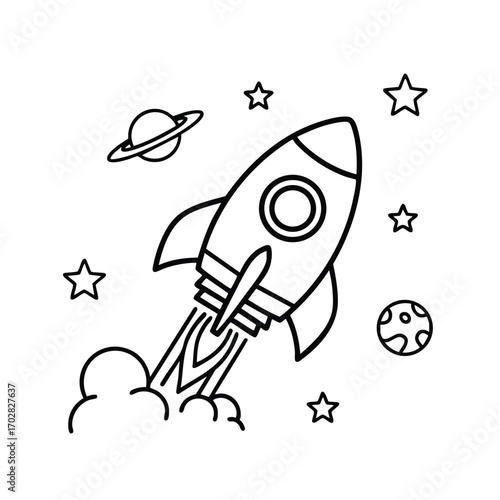 Black and white line art of a rocket launching into space surrounded by stars and planets in a simple cartoon style