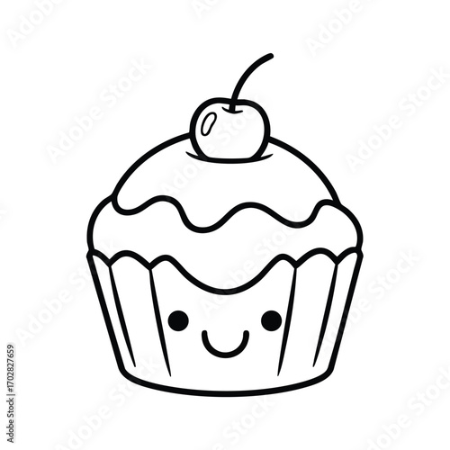 Cute cartoon cupcake with smiling face topped with cherry and wavy icing in simple black line art style