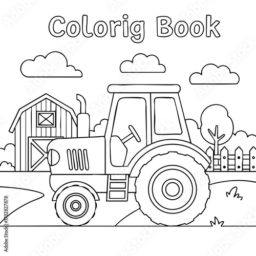 Black and white coloring book page featuring a farm tractor with barn, fence, tree, and clouds in the background