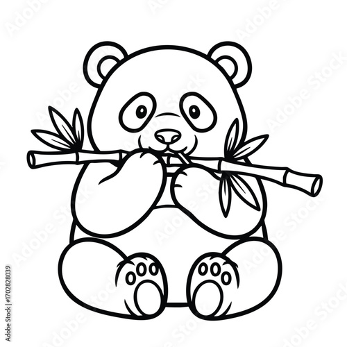 Cute cartoon panda sitting and holding bamboo stick with leaves in its paws in black and white line art