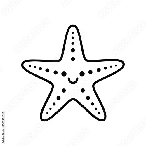 Simple black and white line drawing of a smiling starfish with dotted patterns on its arms on a white background