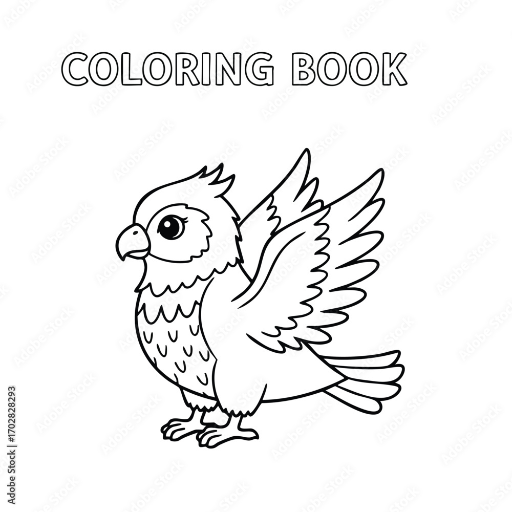 Obraz premium Black and white cartoon style owl with raised wings for children's coloring book illustration design