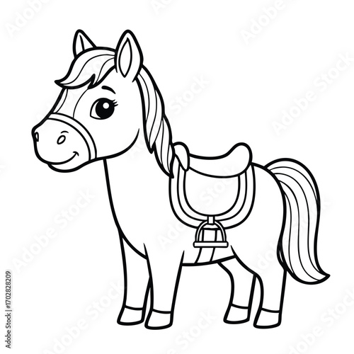 Cute cartoon horse with a saddle standing and smiling in a simple black and white line art style illustration