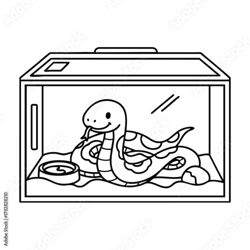 Cute cartoon snake inside a glass terrarium with food bowl and rock on the substrate background