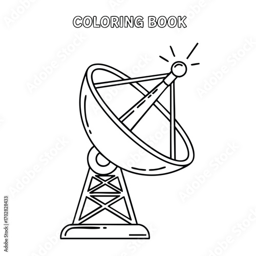 Black and white line drawing of a large satellite dish antenna for a coloring book with simple geometric details