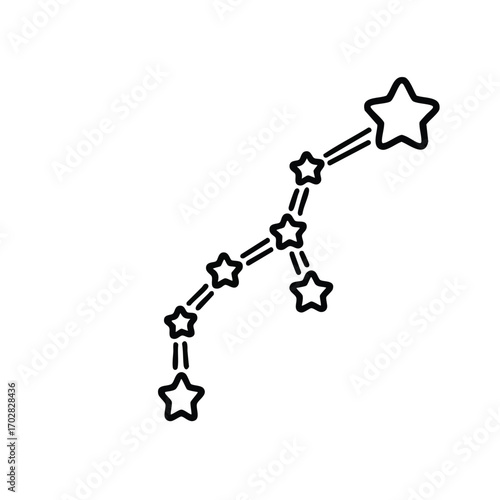 Black and white line art illustration of a star constellation connected by dashed lines with seven stars of varying sizes