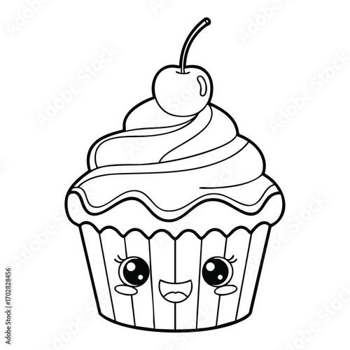 Cute kawaii style cupcake with smiling face, frosting swirl, and cherry on top in black and white line art