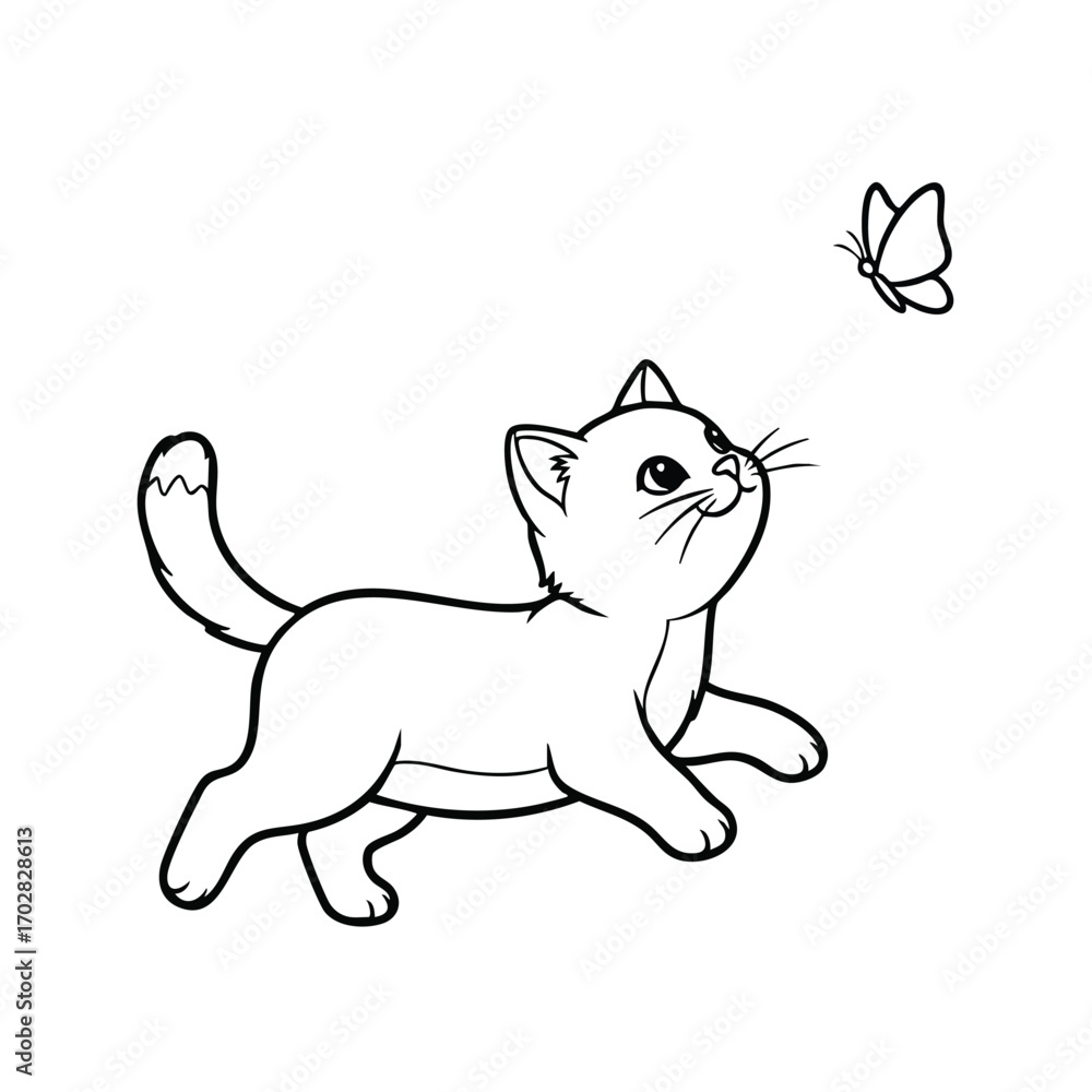 Naklejka premium Cute playful kitten chasing a butterfly in a simple black and white line art style illustration